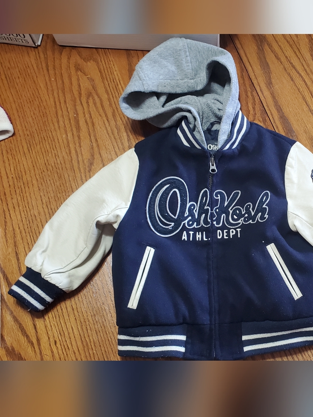 OshKosh B'gosh Navy, Cream & Gray Hooded Varsity Jacket - 2T